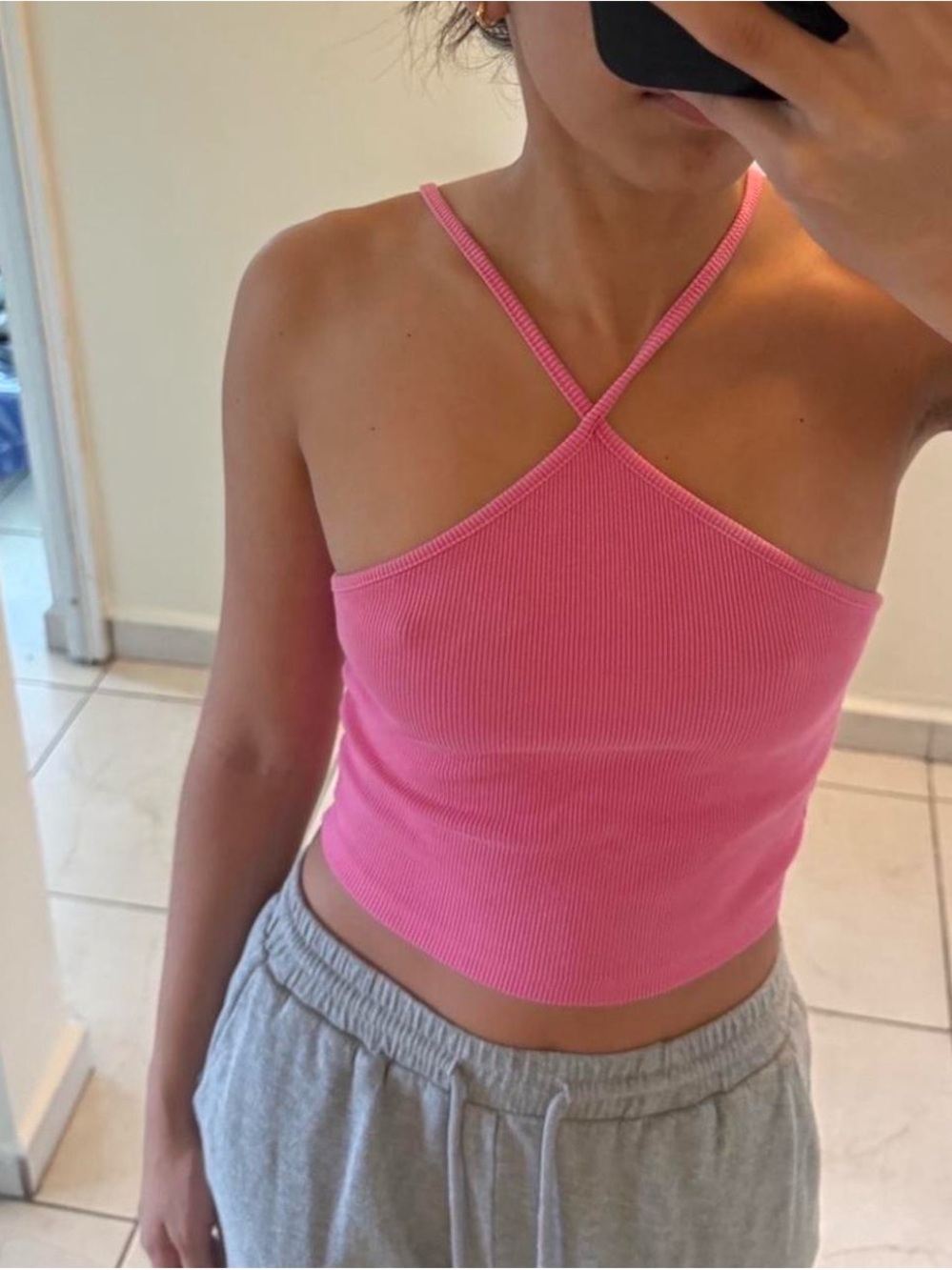 Zara Hot Pink Ribbed Cross-Strap Crop Camisole